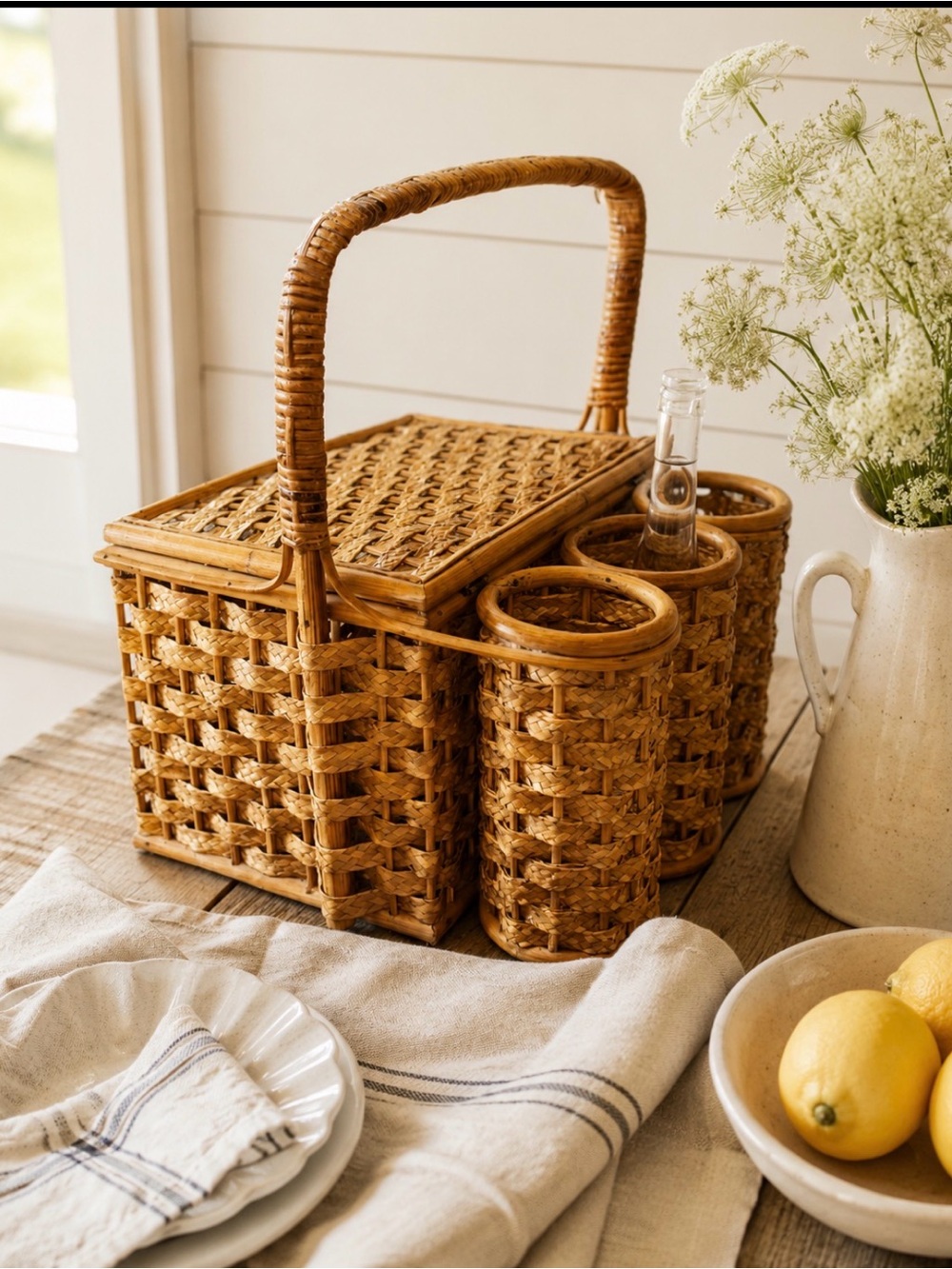 Vintage 1960s Wicker Picnic Basket Caddy English Cottage Coastal Grandmother